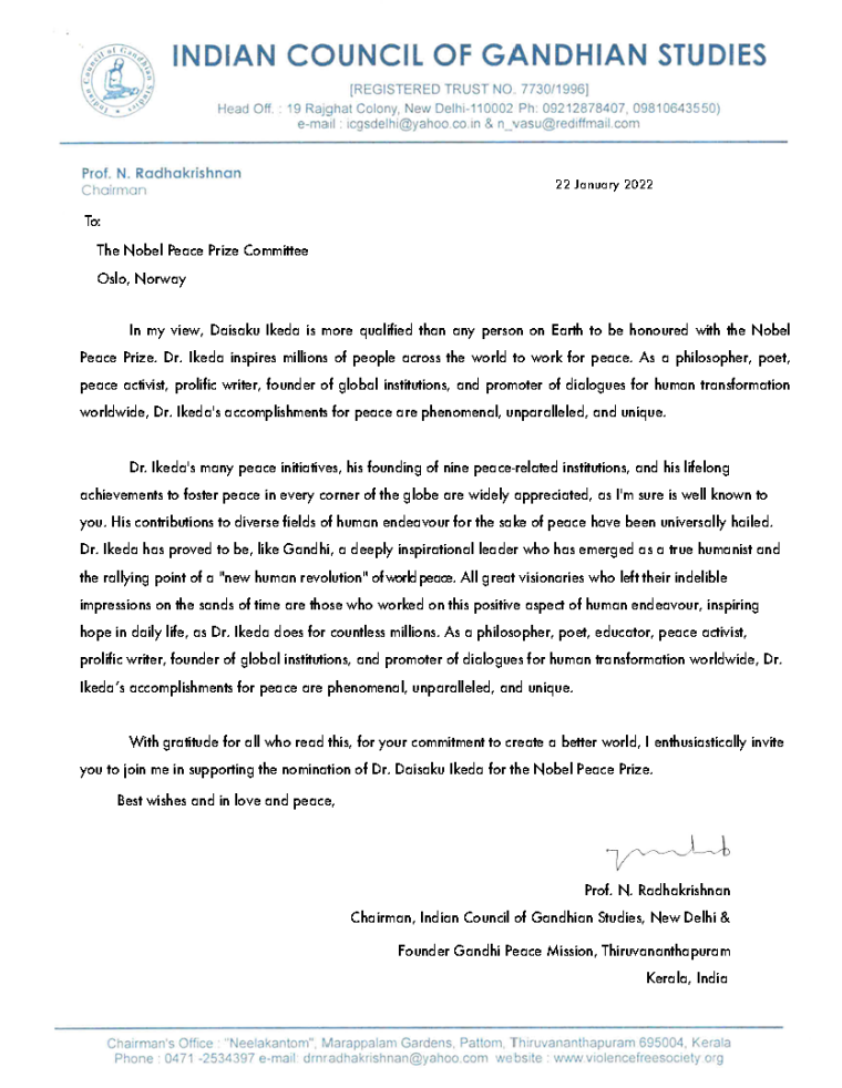 Nobel Prize Letter – Honouring Peace